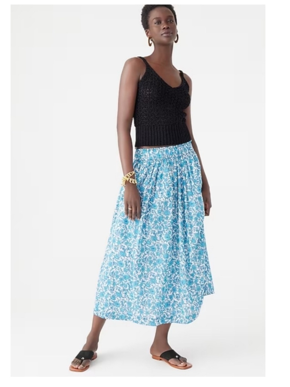 J. Crew • Smocked-Waist Cotton Voile Midi Skirt in Blue Blooms Block Print